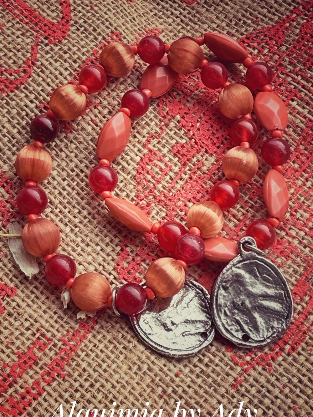 Untreated ruby Red and Coral Beaded Bracelet set with Silver Coin Charms